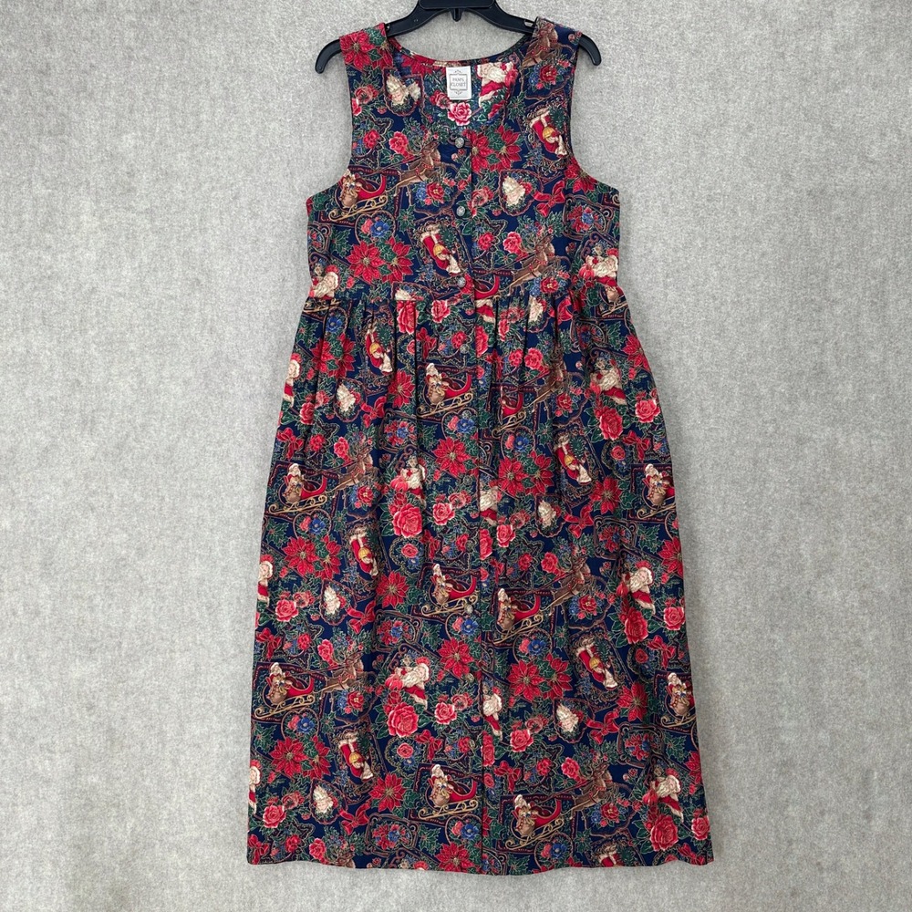 VTG Pams Closet Christmas Santa Cotton Midi Apron Pinafore Jumper‎ Dress Red MED